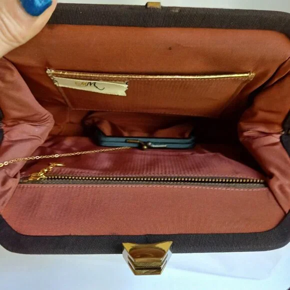 Vintage Brown Grosgrain Gold Art Deco Clasp Handbag with Cute Attached Purse - Picture 4 of 13